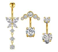 Vcmart 3pcs Or Nombril Anneau 10mm Acier Chirurgical Nombril Anneaux Coeur Papillon Piercing Bijoux