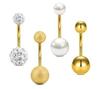 VCMART 4pcs Barres de Nombril 12mm Or Acier Chirurgical 14G Nombril Anneaux Piercing Bijoux Perle Cristal