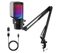 VCOM Micro Gaming avec Bras PC, RGB Condensateur Microphone avec Bruit/Muet/Gain/Bras Micro/Filtre Anti-Pop, USB Microphone pour Enregistrement, Postcast, Streaming, Compatible avec Mac PS4 PS5