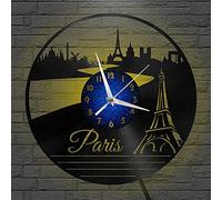 VCS Paris Tour Eiffel Disque Vinyle Horloge Murale pour Cuisine Décoration Murale Art Mural Cadeau pour Amoureux Idée Cadeau pour Un Meilleur Ami(B, avec LED)