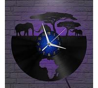 VCS Territoire Africain éléphant Disque Vinyle Horloge Murale pour Cuisine décoration Murale Art Mural Cadeau pour Amoureux idée Cadeau pour Un Meilleur ami(B, avec LED)