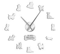 VCS West Highland White Terrier Bricolage Horloge Murale géante Effet Miroir Acrylique Art Mural Chien de Compagnie J'aime Mon Westie Longues Mains Grande Horloge Murale(argenté、90CM)