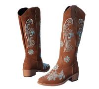 VCSZYAFX Bottes de cowboy blanches brodées rétro fines et pointues à talon haut épais for femme, bottes mi-mollet(Light Brown,36)