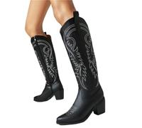 VCSZYAFX Chaussures Rome Street for femmes, bottes larges de cowboy occidentales à talons épais, broderies marron, rouge et noir, hauteur genou(Color-02,8.5)