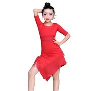 VCSZYAFX Mid Long Sleeve Lace Mesh Mordern Ballroom Dancing Dresses For Salsa Tango Skirt Latin Dance Dress Girls Convient pour les danses latines et le cha-cha(Red,Height 130 to 140cm)