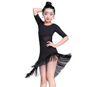 VCSZYAFX Mid Long Sleeve Lace Mesh Mordern Ballroom Dancing Dresses For Salsa Tango Skirt Latin Dance Dress Girls Convient pour les danses latines et le cha-cha(Black,Height 120 to 130cm)