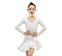 VCSZYAFX Robe de danse latine à manches longues for filles, tenue d'entraînement for tango et rumba Convient pour les danses latines et le cha-cha(White,150cm)
