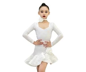 VCSZYAFX Robe de danse latine à manches longues for filles, tenue d'entraînement for tango et rumba Convient pour les danses latines et le cha-cha(White,150cm)