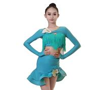 VCSZYAFX Robe de danse latine for filles, jupe performance avancée à pompons, for l'automne et l'hiver Convient pour les danses latines et le cha-cha(Green,140)