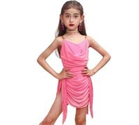 VCSZYAFX Robe de danse latine rose for filles, robe à franges jaunes, costume performance Cha Rumba, vêtements d'entraînement samba Convient pour les danses latines et le cha-cha(Pink,130cm)