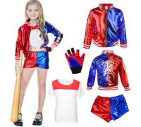 Vcumter Déguisement Quinn avec Veste, T-Shirt, Short, Gant - Costume pour Halloween, Noël, Carnaval, Clown - Tenue Enfants 150 cm