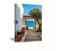 Vcvbhbn Tableau sur toile représentant une arche côtière et un olivier, une villa blanche avec vue sur la mer, une décoration pour la cuisine (60 x 90 cm/cadre intérieur)