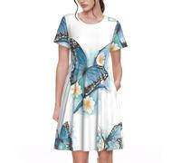 VCzsdff Blue Butterfly On Blossom Flower Robe trapèze avec poches pour femme, robe décontractée à manches courtes pour le travail, les voyages, le week-end, Noir , M