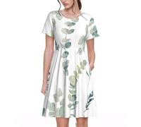 VCzsdff Eucalyptus Leaves - Robe trapèze décontractée à manches courtes avec poches pour femme, idéale pour le travail, les voyages, le week-end, Noir , 3XL