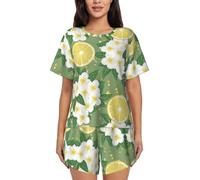VCzsdff Fresh Lemon Ensemble de vêtements de nuit décontractés pour femme - Pyjama d'été doux à manches courtes - Haut boutonné et short élastique avec poches latérales, Noir , L