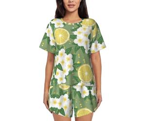 VCzsdff Fresh Lemon Ensemble de vêtements de nuit décontractés pour femme - Pyjama d'été doux à manches courtes - Haut boutonné et short élastique avec poches latérales, Noir , L