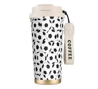 VCzsdff Gobelet à café isotherme noir et blanc avec couvercle anti-fuite, en acier inoxydable 316 avec dragonne, motif ballon de football