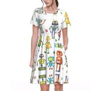 VCzsdff Jolie robe trapèze avec poches pour femme, robe décontractée à manches courtes pour le travail, les voyages, le week-end, Noir , XL