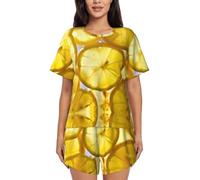 VCzsdff Lemon Slices Ensemble de vêtements de nuit décontractés pour femme Pyjama d'été à manches courtes Vêtement de détente doux Haut boutonné et short élastique avec poches latérales, Noir , M