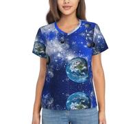 VCzsdff Planet Galaxy Print T-shirt basique à manches courtes et col en V pour femme Coupe ajustée Tenue d'été décontractée, Noir , XXL