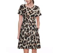 VCzsdff Robe trapèze à imprimé léopard avec poches pour femme, robe décontractée à manches courtes pour le travail, les voyages, le week-end, Noir , S