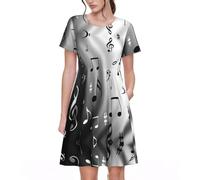 VCzsdff Robe trapèze à manches courtes pour femme avec poches et imprimé notes de musique pour le travail, les voyages, le week-end, Noir , S