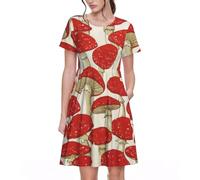 VCzsdff Robe trapèze rouge et blanche champignon avec poches pour femme, robe décontractée à manches courtes pour le travail, les voyages, le week-end, Noir , XL