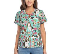 VCzsdff Sweet Basset Hound T-shirt à manches courtes avec imprimé floral et col en V pour femme Coupe ajustée Tenue d'été décontractée, Noir , XL