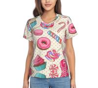 VCzsdff Sweet Lollipop Cupcake Print T-shirt à manches courtes pour femme Col en V Mode Tops Slim Fit Casual Summer Tenues Vêtements, Noir , XL