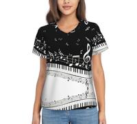 VCzsdff Touches de piano avec notes de musique imprimées t-shirts pour femme à manches courtes col en V hauts tendance coupe ajustée tenue d'été vêtements, Noir , 3XL