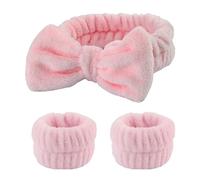 Vdaxvme 1 ensemble élastique pour femme - Bandeau de douche et bracelet mignon avec nœud en peluche - Pour lavage du visage - Pour la maison et le maquillage