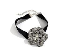Vdaxvme Collier pour femme avec grande fleur en strass - Bracelet ras du cou court gothique élégant noir - Bijoux esthétiques, Tissu de flocage + fleurs en strass, Zircone cubique