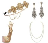 Vdaxvme Costume Charleston vintage des années 1920 pour femme GreatGatsby Coiffe Gants en satin Boucles d'oreilles Collier Accessoires de fête