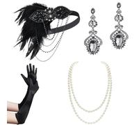 Vdaxvme Costume Charleston vintage des années 1920 pour femme GreatGatsby Coiffe Gants en satin Boucles d'oreilles Collier Accessoires de fête