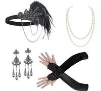 Vdaxvme Costume Charleston vintage des années 1920 pour femme GreatGatsby Coiffe Gants en satin Boucles d'oreilles Collier Accessoires de fête