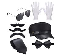 Vdaxvme Costume de chauffeur d'Halloween avec chapeau et lunettes, moustaches, nœud papillon pour jeu de rôle, costume chauffeur pour homme