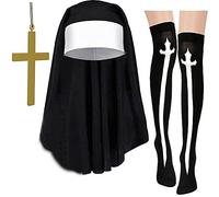 Vdaxvme Ensemble de costume de nonnes avec collier pendentif en forme de croix, chaussettes au-dessus du genou, ensemble d'accessoires d'Halloween pour femme, fille, Combinaison trois pièces, taille