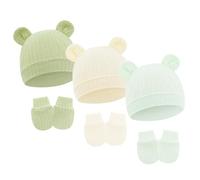 Vdaxvme Lot de 3 bonnets et gants pour nouveau-nés en tissu respirant avec oreilles d'ours pour bébés de 0 à 6 mois, Set 1, taille unique