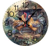 Vdenvileye Horloge murale de 30,5 cm sans tic-tac avec deux coqs debout sur le devant de la grange - Horloge murale ronde à piles pour chambre à coucher, salon, cuisine, bureau