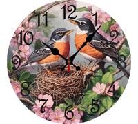 Vdenvileye Horloge murale en bois de 30,5 cm, nid de rouge-gorges, arbre en fleurs, horloge décorative silencieuse sans tic-tac pour salon, chambre, cuisine, bureau, décoration d'intérieur