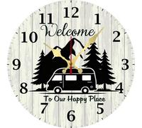 Vdenvileye Horloge murale en bois pour camping-car, décoration murale « Welcome To Our Happy Place Happy Camper » - Décoration murale pour camping-car, maison, voyage, caravanes, campings, cadeaux