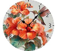 Vdenvileye Horloges murales à piles silencieuses et sans tic-tac, motif fleurs d'hibiscus orange, décoration pour la maison, la cuisine, le bureau, 4 ensembles de pointeurs de bricolage (30,5 cm)