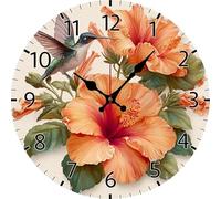 Vdenvileye Horloges murales à piles silencieuses et sans tic-tac, motif fleurs d'hibiscus orange, décoration pour la maison, la cuisine, le bureau, 4 ensembles de pointeurs de bricolage (25,4 cm)