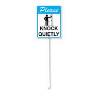 Vdenvileye Panneau d'avertissement « Please Knock Quietly » avec piquet - 11,5 x 15 cm - En aluminium antirouille - Décoration de pelouse - Pour extérieur, rue, jardin