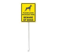 Vdenvileye Panneau de cour avec piquet « Please Leave Packages Here Beware Of Dogs » - 11,5 x 15 cm - En aluminium antirouille - Décoration de pelouse - Panneau de chien pour extérieur, rue, jardin