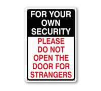 Vdenvileye Panneau « For Your Own Security Please Do Not Open Door To Strangers » - 20 × 30 cm - Plaque en aluminium robuste antirouille - Décoration murale pour cour, patio, porche