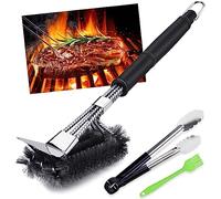 VDISRR Lot de 3 brosses pour barbecue en fonte - Poils en acier inoxydable à trois rangées - Longue poignée en plastique - Pour barbecue au charbon de bois, électrique et à gaz