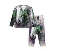 VducK Ensemble de pyjama 2 pièces à manches longues pour femme Motif cheval vert, Noir , M