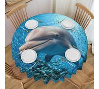 VducK Nappe ronde avec imprimé dauphin heureux - Résistante à l'eau - Nappe circulaire facile à nettoyer pour la maison, la salle à manger, la cuisine, la fête, le pique-nique, la terrasse - 152 cm