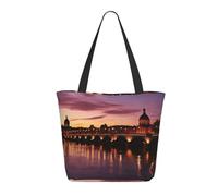 VducK Sac fourre-tout en toile pour femme, sac d'épicerie réutilisable, sac de courses portable, sac à bandoulière papillon coloré dessiné à la main, Coucher de soleil violet à Toulouse City, Taille